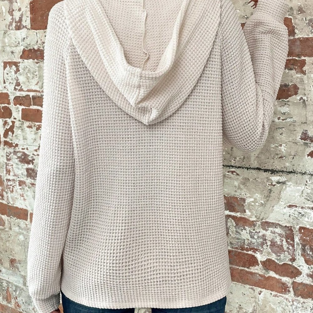Apricot Casual Womens Half Button Raglan Sleeve Drawstring Hoodie - Picture 2 of 5